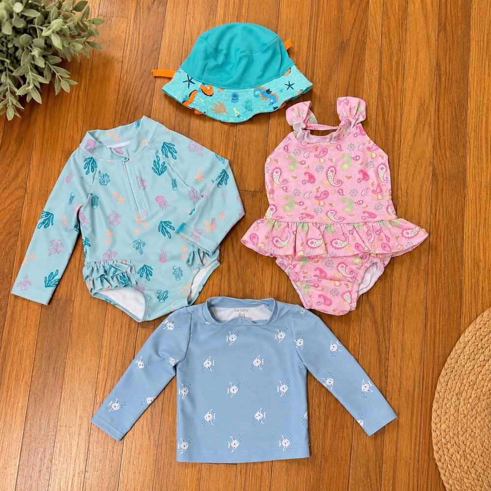 NWT Carter’s + iPlay + Aqua Leisure Baby Girl Swim Bundle 6M Sun Hat Rash Guard